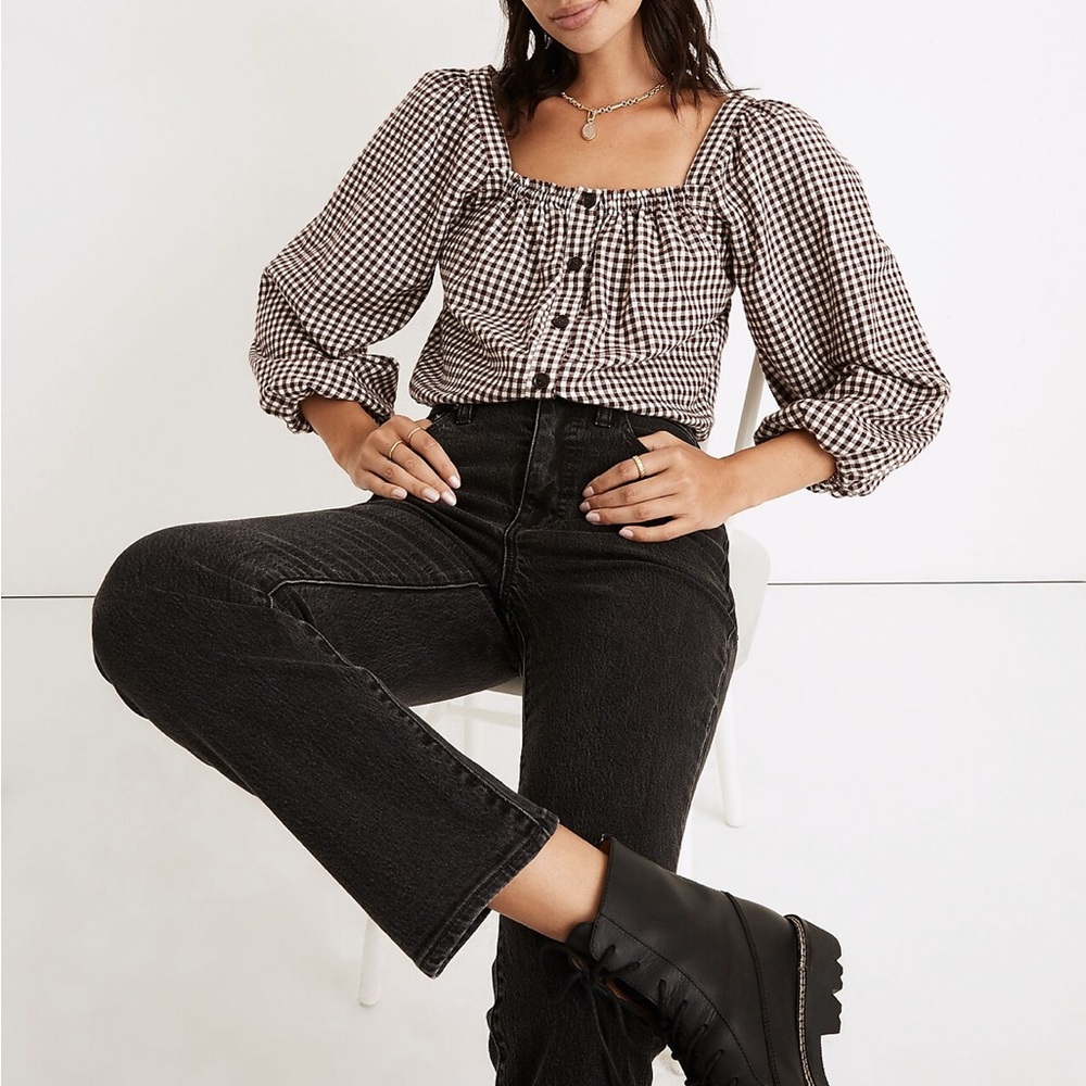 Madewell Puff-Sleeve Button-Front Crop Top in Plaid